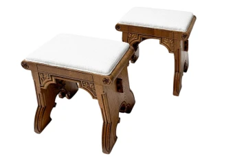 Arts & Crafts Hand-Carved Oak Stools with Boucle Upholstery, 1900s